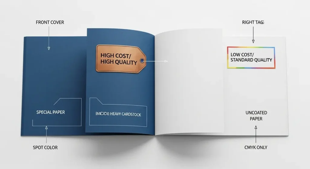 冊子の表紙と本文の品質とコストの予算配分例