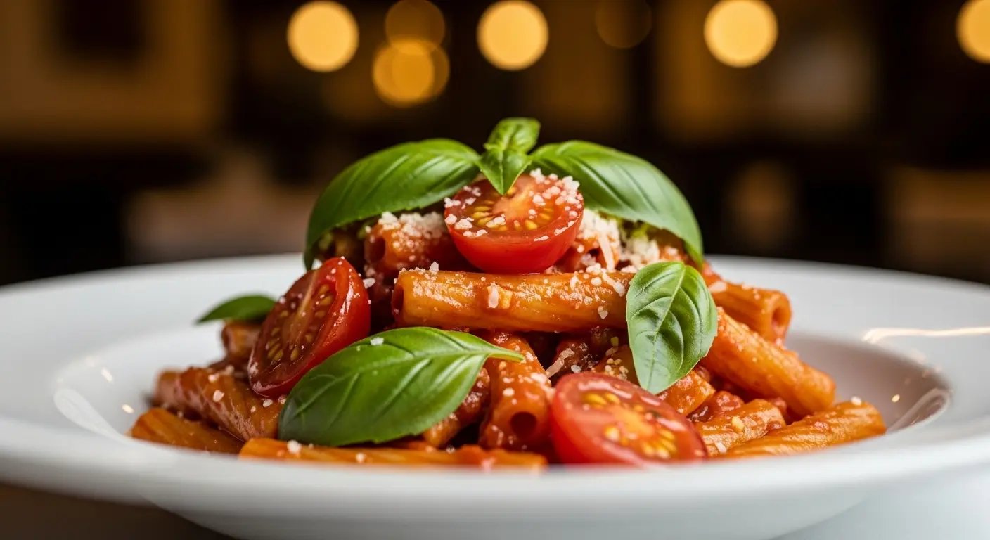 食欲を刺激する赤いパスタ料理のイメージ