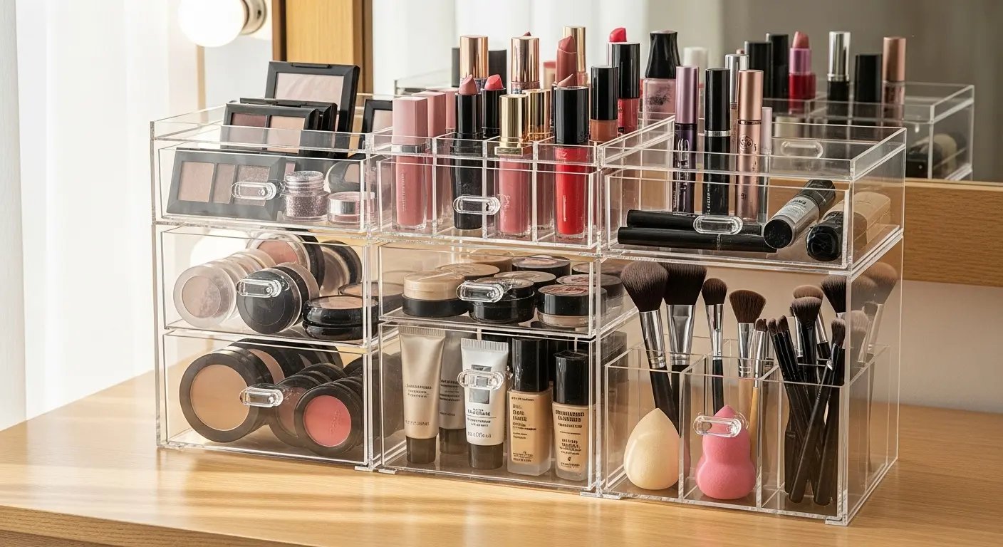 引き出し付きアクリルケースによる化粧品収納の例