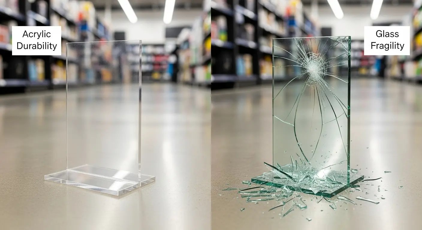 アクリルディスプレイ什器の耐久性と安全性の視覚的表現