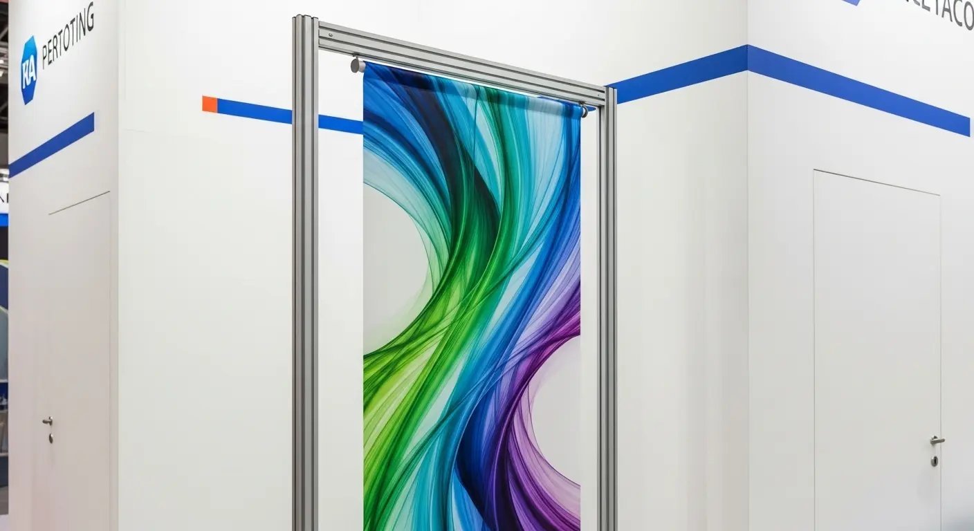 バナースタンドに設置されたタペストリー