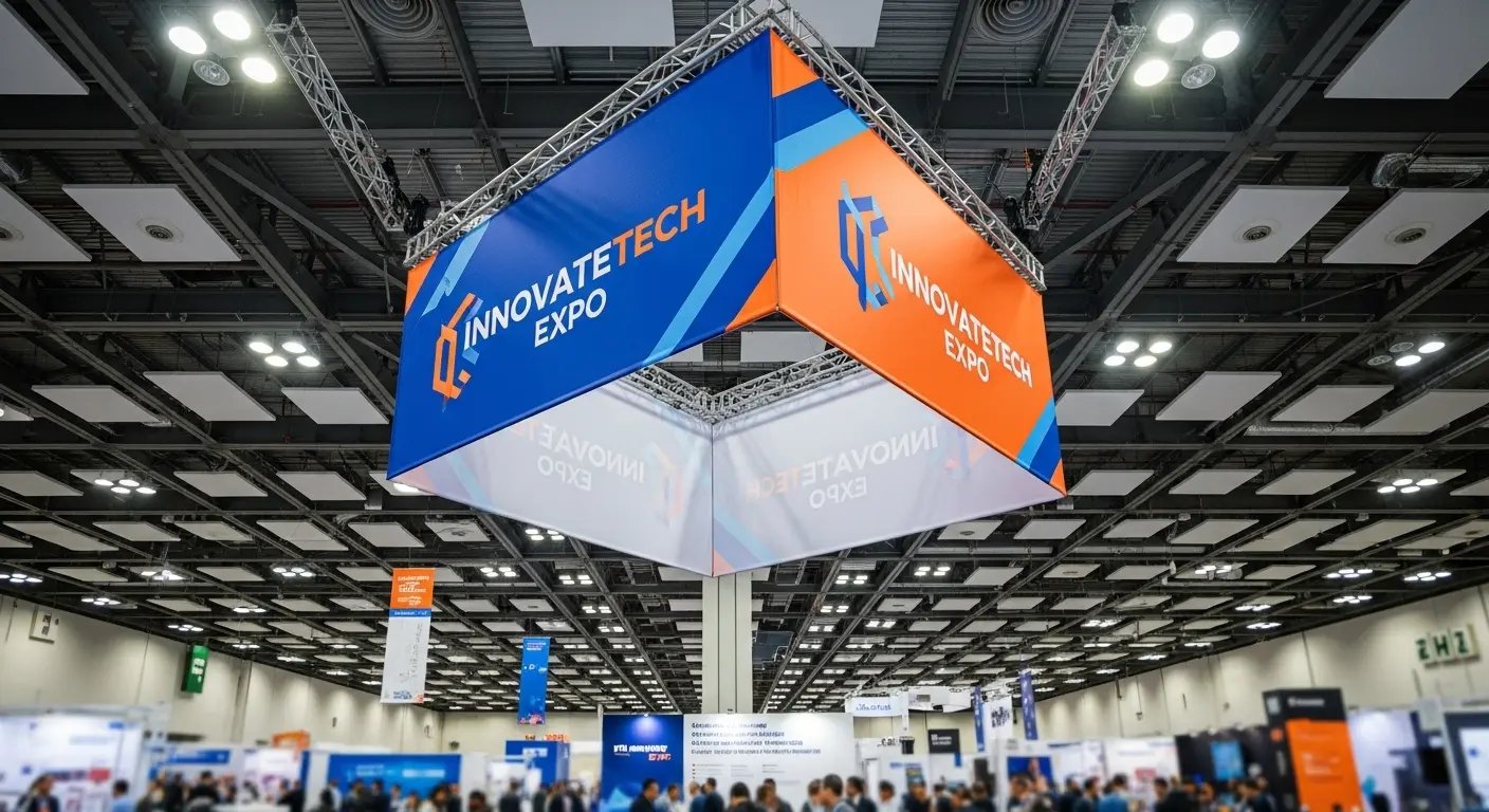 天井からタペストリーを吊り下げる展示方法