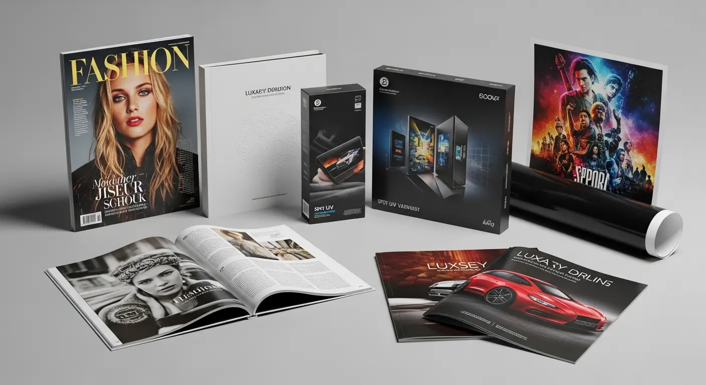 オフセット印刷で制作された商業印刷物(カタログ、パッケージ、ポスター)