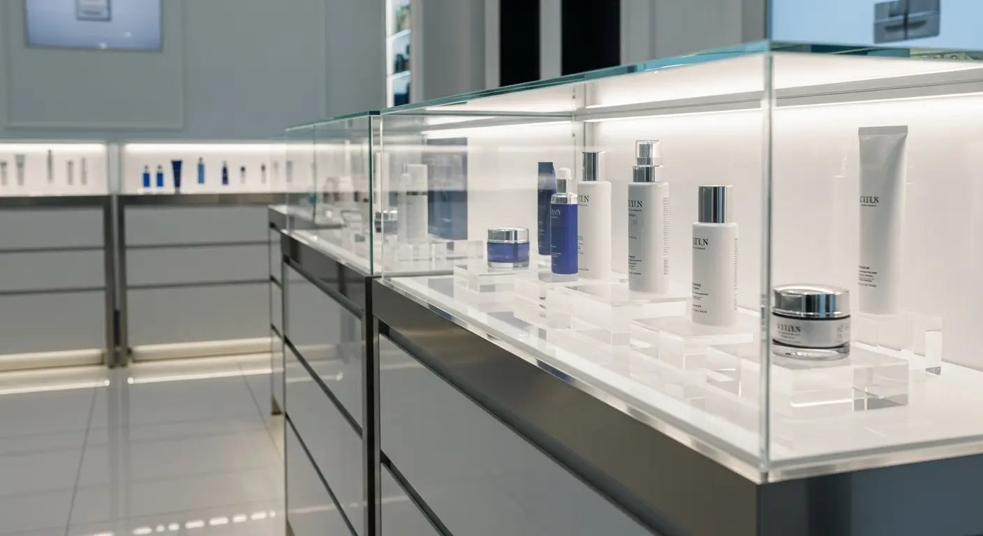 購買意欲を高めるアクリル製化粧品ディスプレイ什器と店舗陳列のイメージ