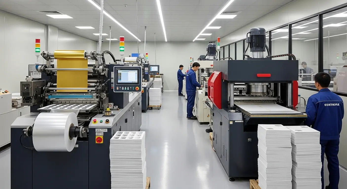 箔押し機やエンボス加工機が稼働する印刷工場内部