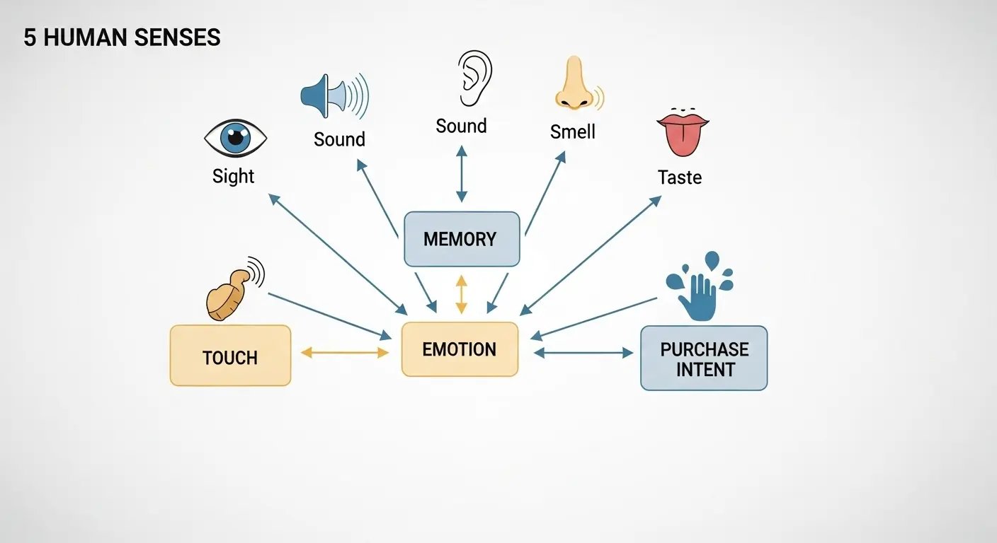 センサリーマーケティングにおける五感と記憶・感情・購買行動との結びつきの図
