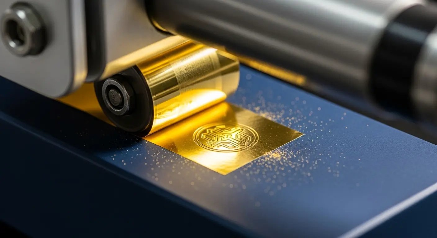 印刷会社による化粧箱への箔押し加工の様子