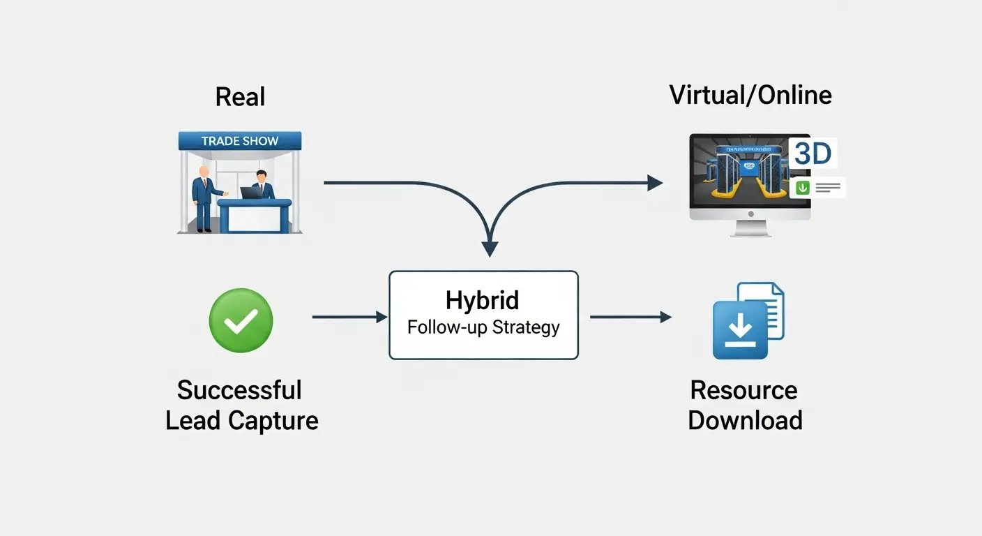 リアル展示会とバーチャル展示会を連携させたハイブリッド集客戦略図