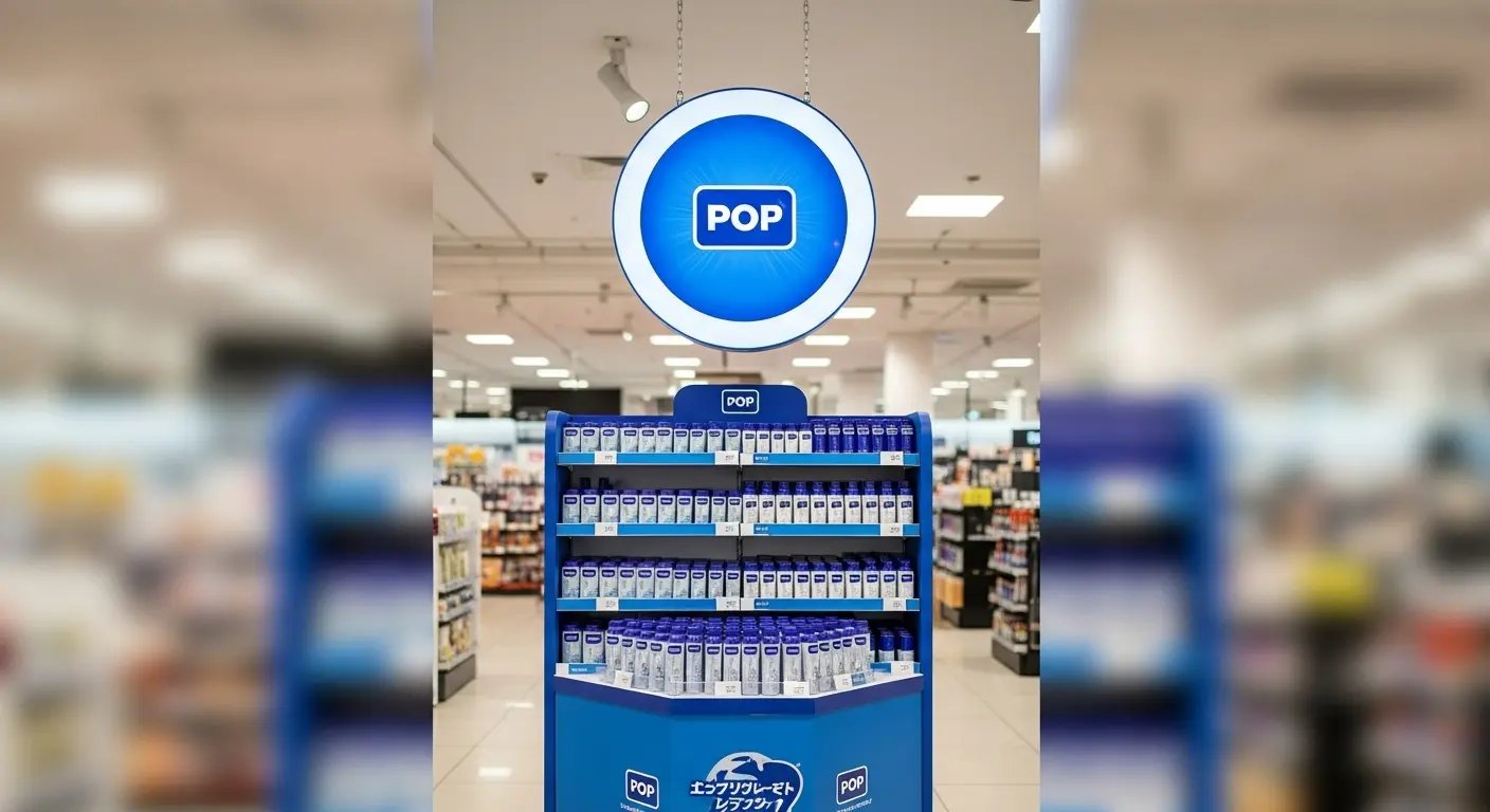 吊り下げPOPとフロア什器の組み合わせ
