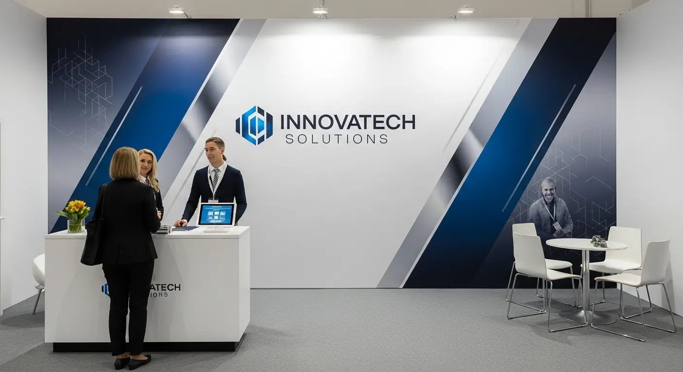 大型タペストリーを背景にした展示ブース