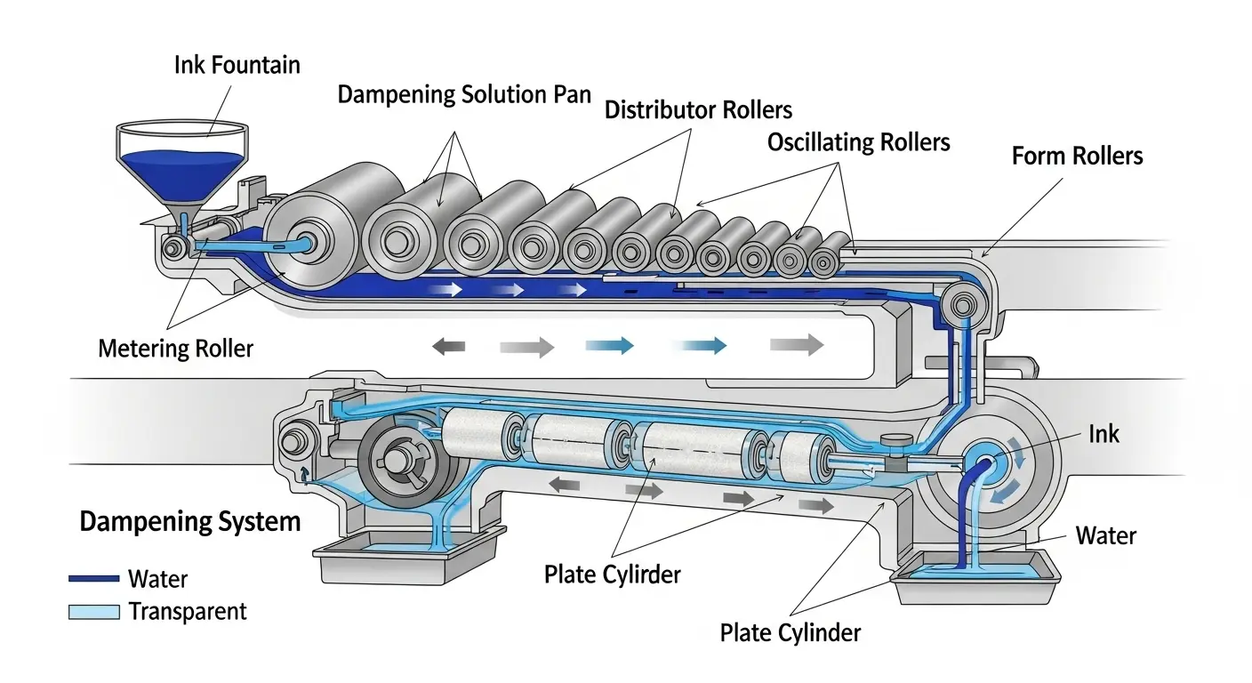 オフセット印刷機内部のインキと湿し水ローラーの構造