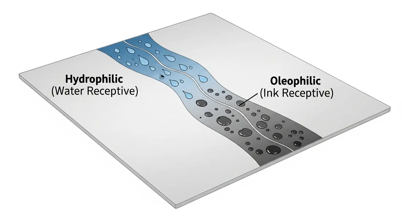 平版印刷における親水性(水)と親油性(インキ)の領域