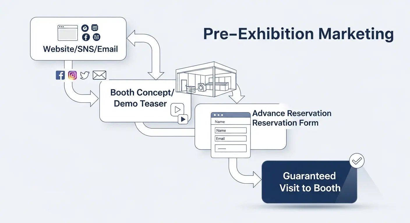 事前マーケティングによる展示会ブースへの誘導フロー図