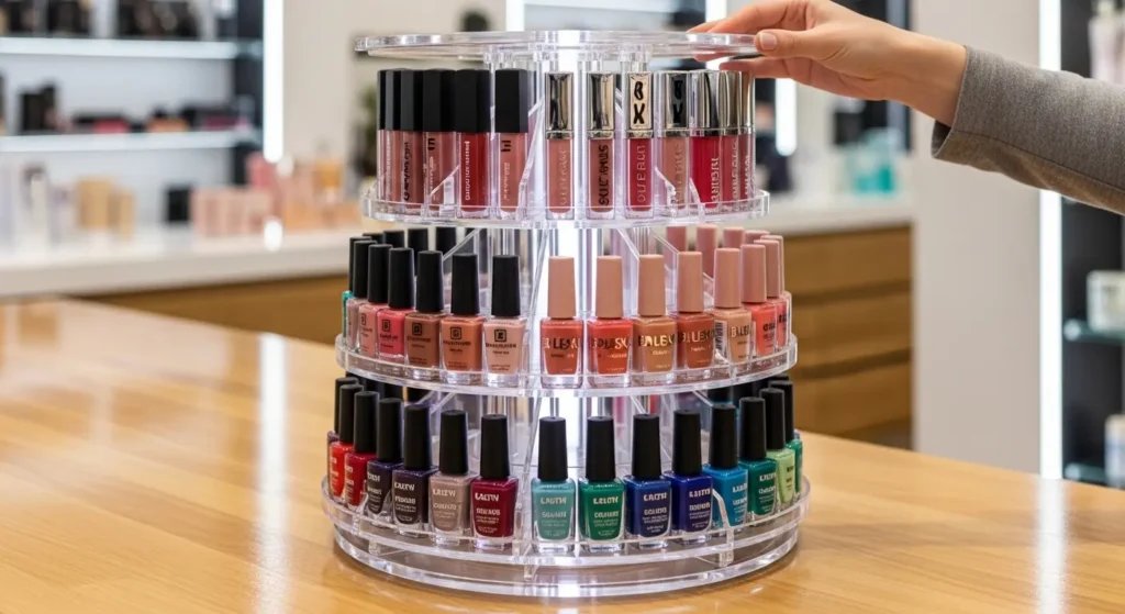 回転式アクリルディスプレイによる効率的な化粧品陳列