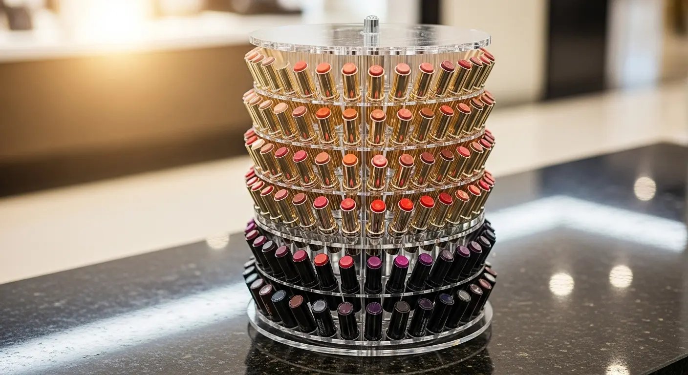 回転式アクリル製口紅ホルダーとコンパクトなコスメディスプレイ