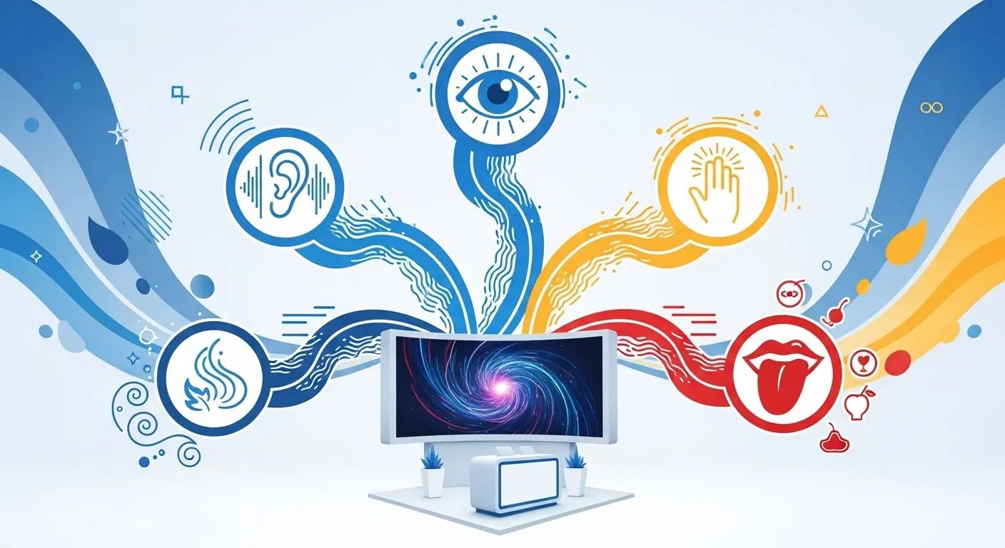 センサリーマーケティングの概念図と五感（視覚、聴覚、嗅覚、味覚、触覚）の要素