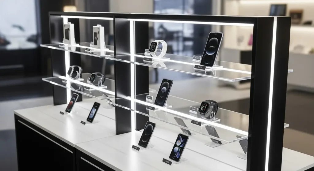 黒の販売台と電子機器