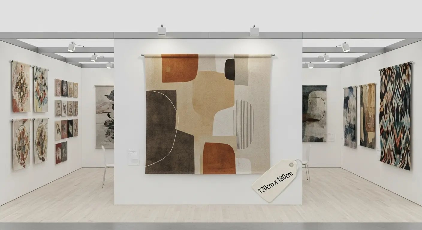 複数のサイズのタペストリーを展示したブースのイメージ