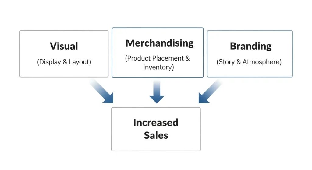 VMD(ヴィジュアルマーチャンダイジング)の基本概念図と売上向上の関係