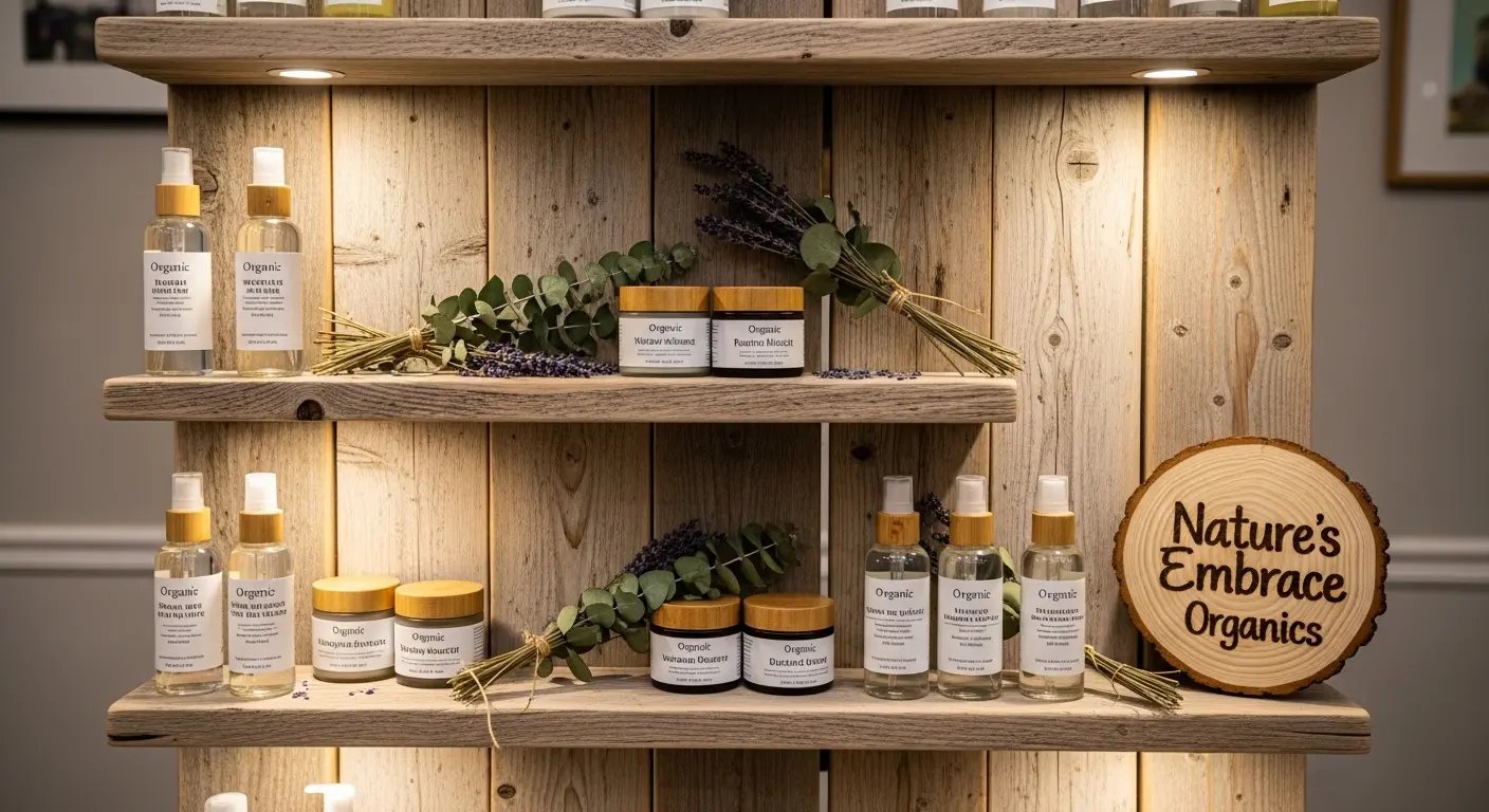 オーガニックコスメに最適な木製ディスプレイ什器と陳列棚のイメージ