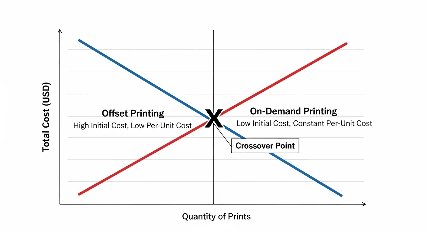 オフセット印刷とオンデマンド印刷のコスト分岐点の比較グラフ