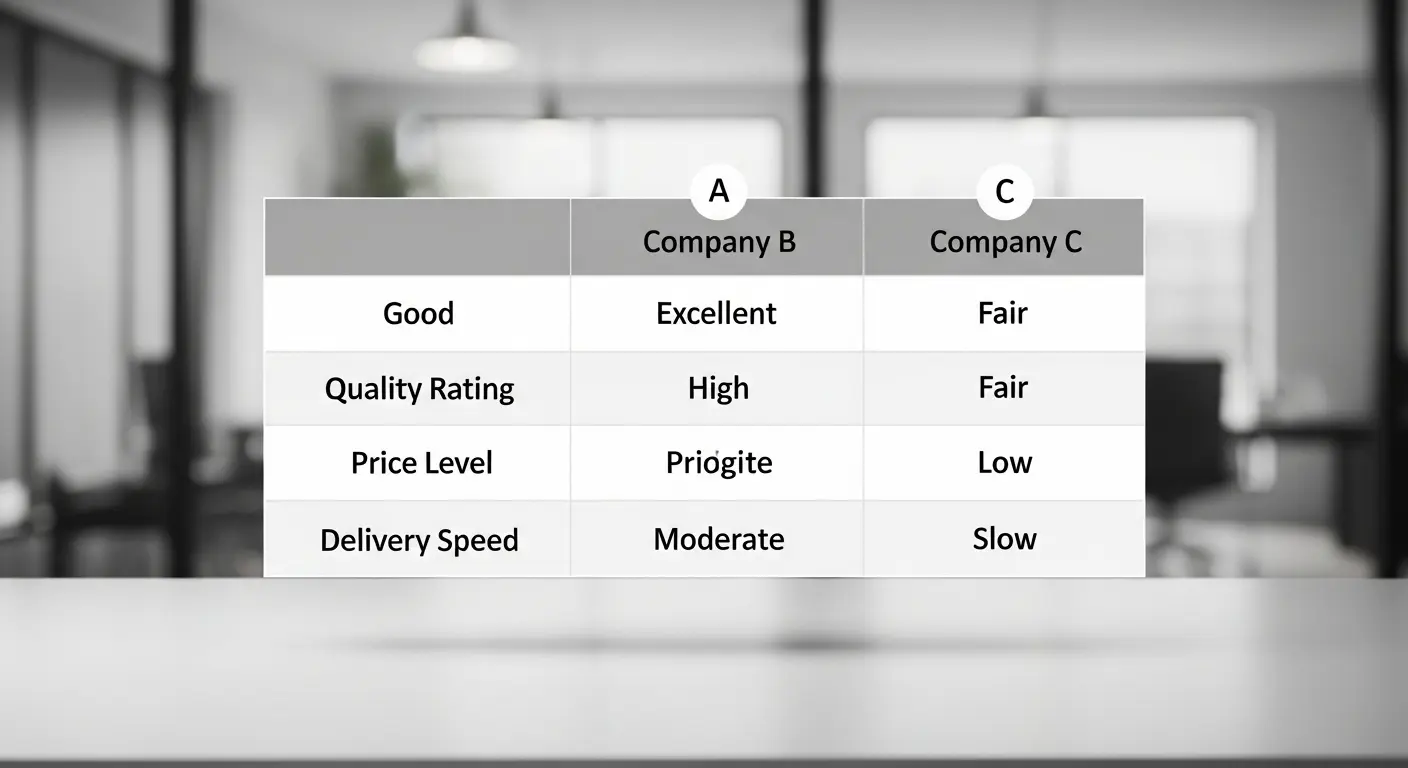 複数印刷会社の価格、品質、納期を比較した表