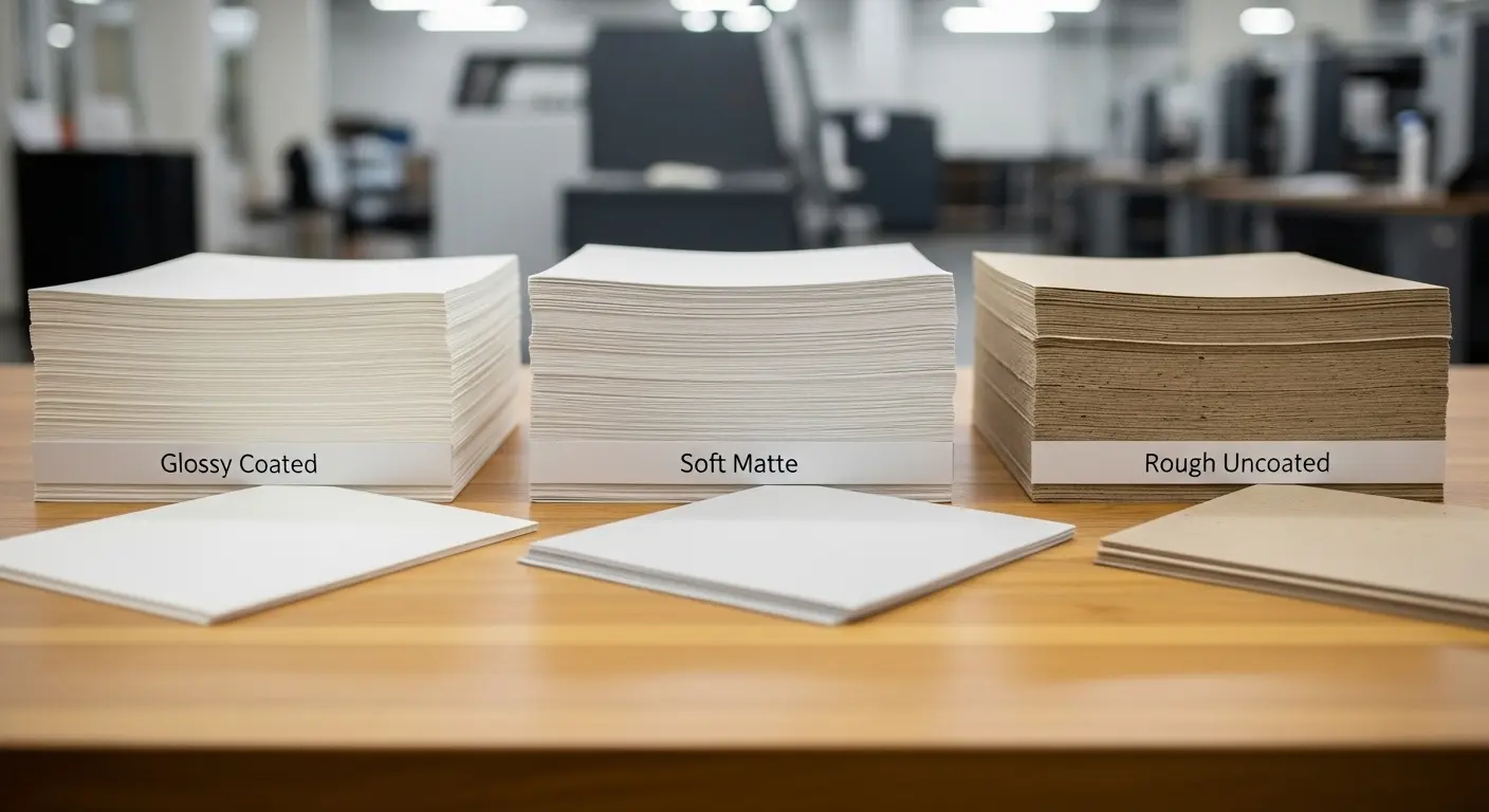 コート紙、マット紙、上質紙など様々な種類の用紙の積み重ね