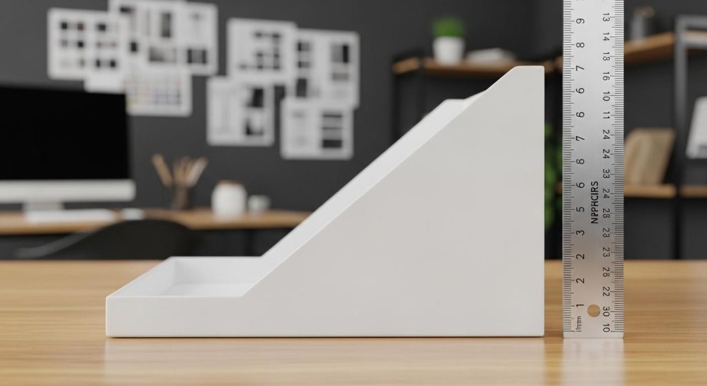 無地の紙製什器サンプルによるサイズ計測の様子