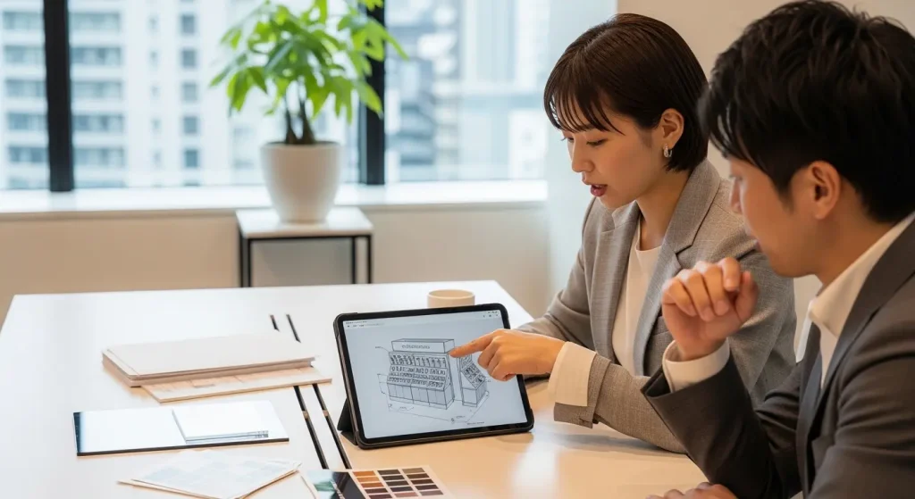 化粧品什器の設計・企画に関する専門スタッフとの打ち合わせ