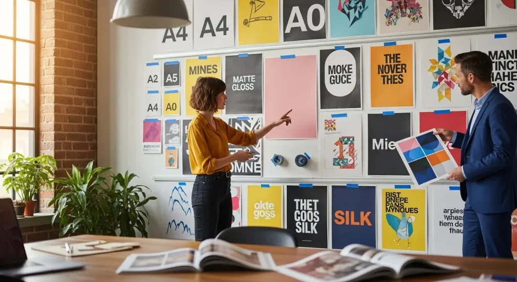 印刷されたポスターサンプルを確認するデザイナーとクライアント