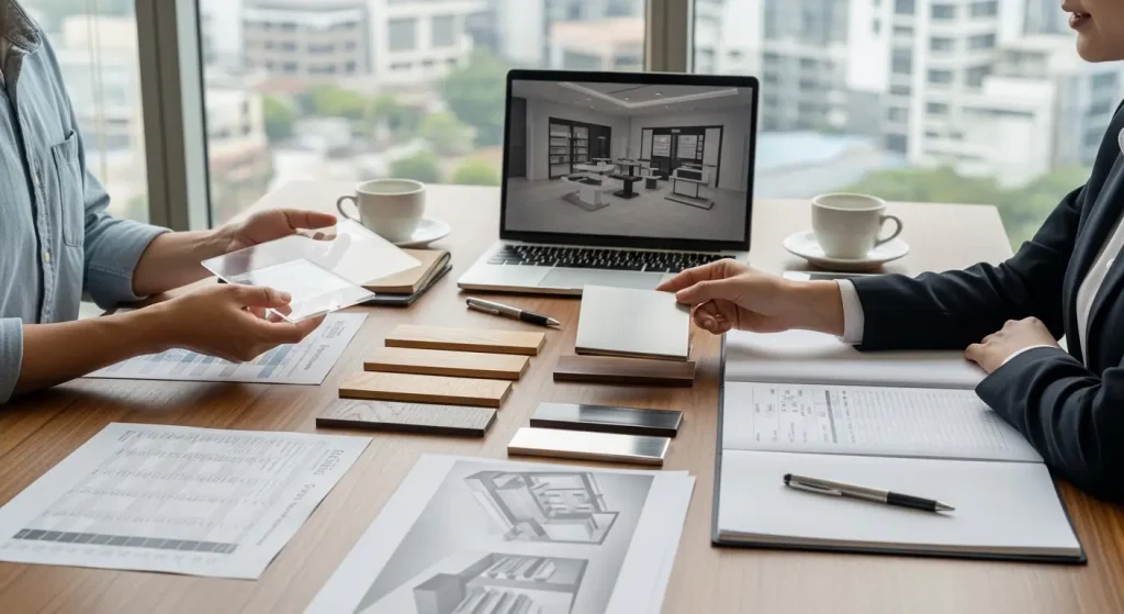 店舗ディスプレイ製作の見積もり相談と素材選びの様子