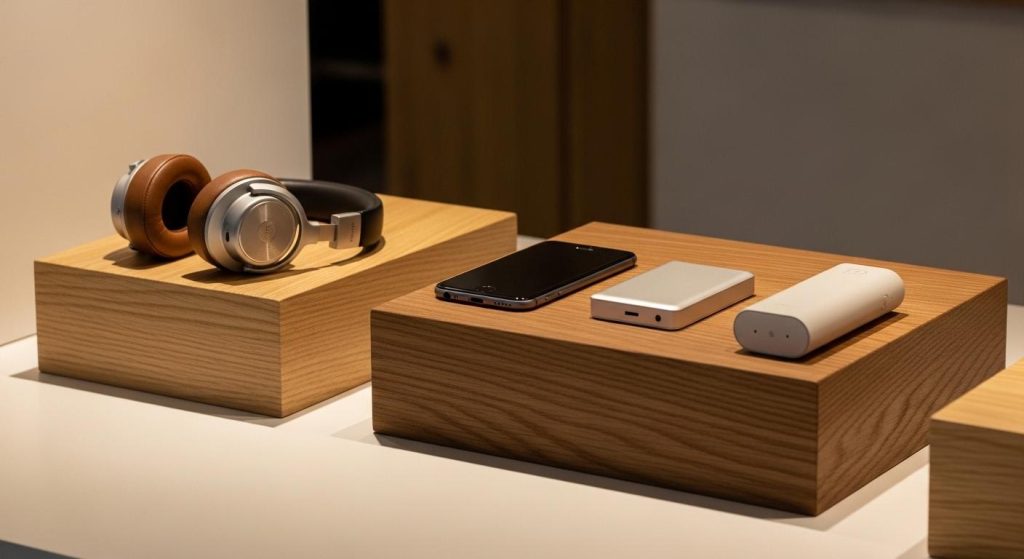 ミニマルなデザインの木製ディスプレイブロックと商品配置