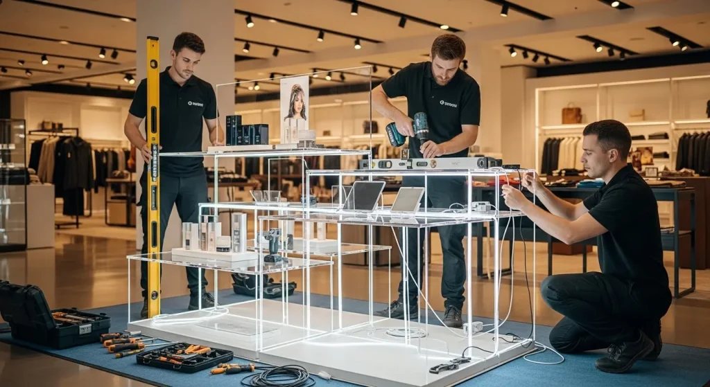 店舗での新しい什器の設置と施工の作業風景