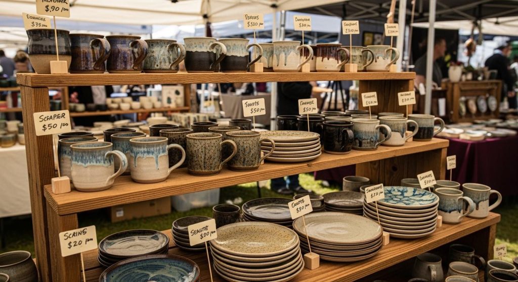 商品を段差をつけて並べる階段状の木製陳列棚